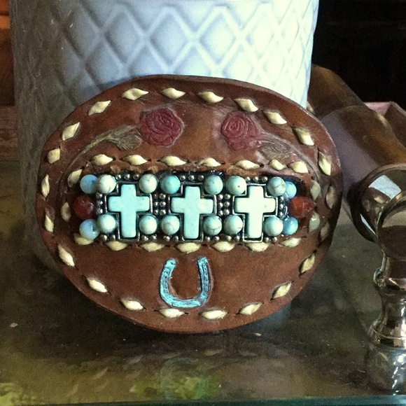 Vintage western leather belt buckle cowgirl boho rodeo chic rustic market - Picture 2 of 7